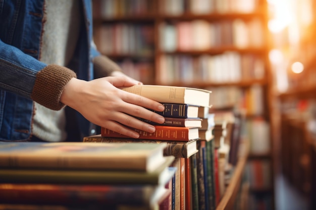 Руки женщин, держащих книги в книжном магазине или библиотеке Генеративный ИИ