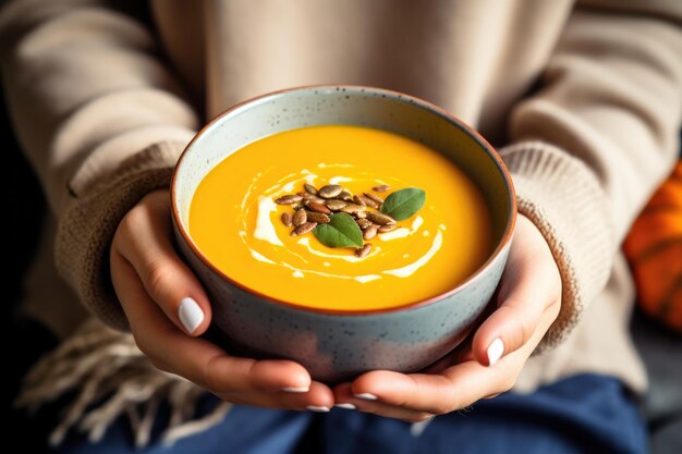 Womans hands holding a bowl of pumpkin soup