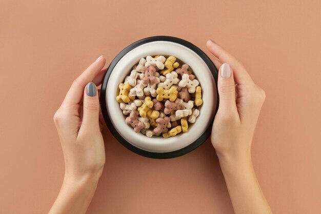Womans hands holding dry dog food in bowl on brown background healthy organic nutrition for pets