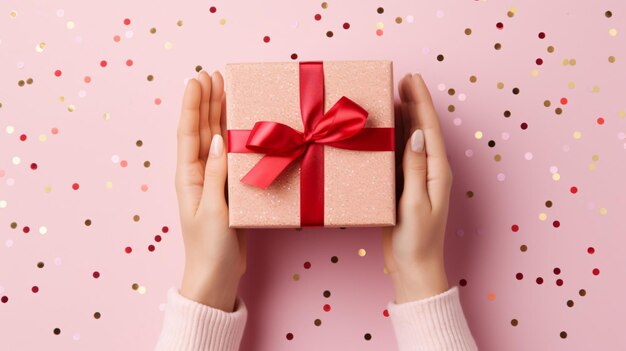 Womans hands holding gift or present box decorated