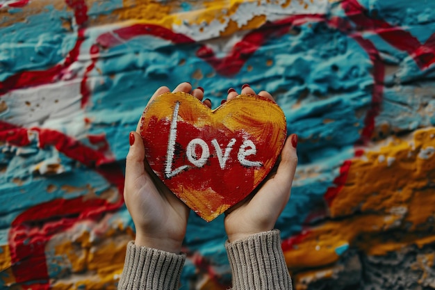 womans hands holding a painted heart with the word love on a colorful background