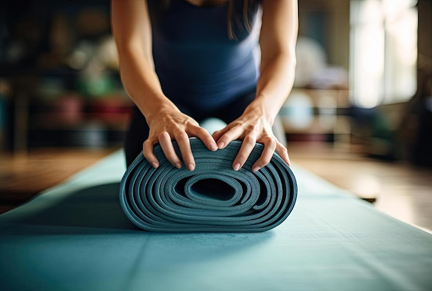 a womans hands picking up a green yoga mat in the style of split toning