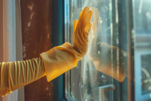 ゴム製の手袋をかぶった女性が窓を洗っている 春の掃除コンセプト ジェネレーティブAI