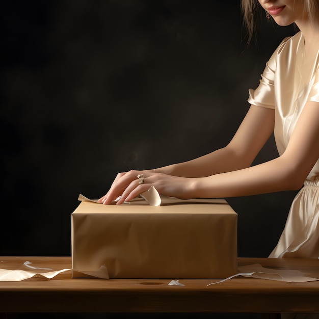 Womans Hands Unwrapping a Paper Box