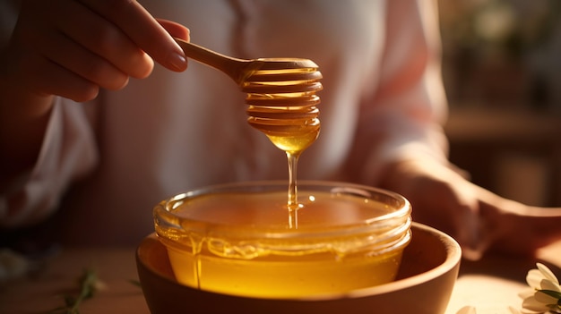 蜂蜜の皿と木のスプーンを持った女性の手 グリセロールから天然のソープの詳細なプロセス