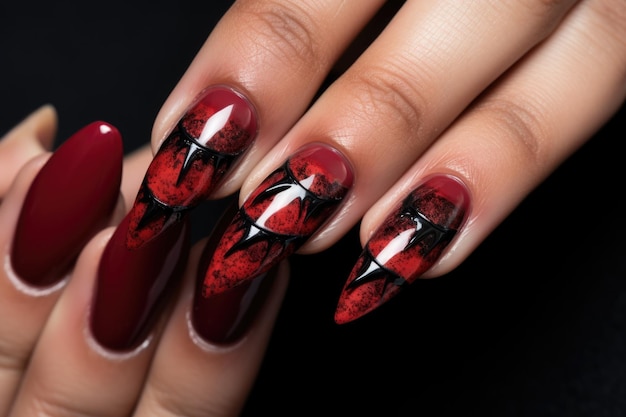 A womans hands with red and black nail art ai