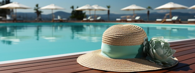 a womans hat near a beautiful swimming pool