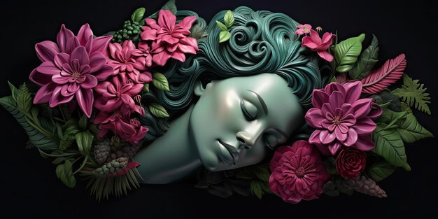 womans head in 3d printed flowers 3dartworkdesign in the style of dark green and magenta