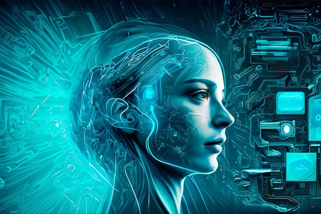 Womans head connected to network and artificial intelligence