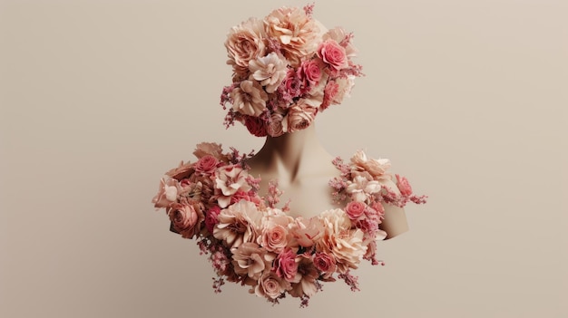 女性の頭は完全に鮮やかなピンクの花で覆われて目立つ活気のある展示を生み出しています