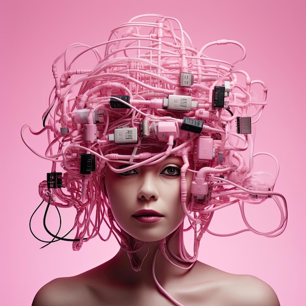 a womans head over a machine in a pink swirl