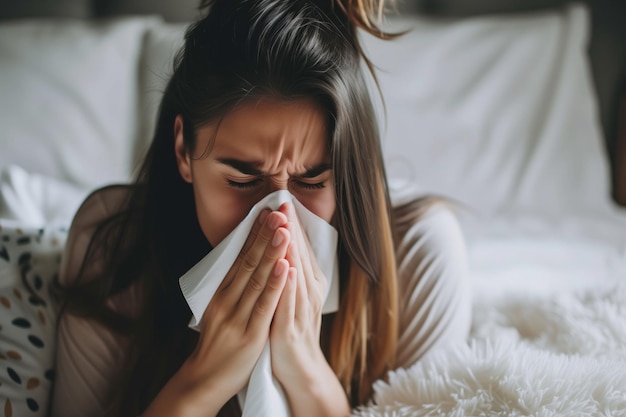 Womans Health Declining Battling Runny Nose And Cold Symptoms In Bed