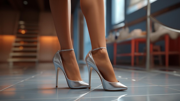 A womans legs in silver high heels poised on a sleek interior floor