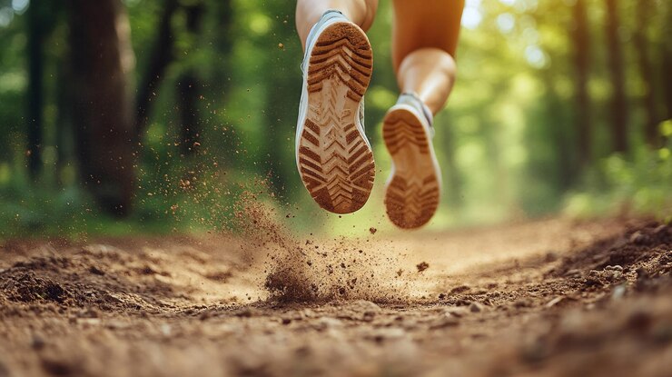 Photo womans legs in trail running shoes highlighting strength and determination the image captures the