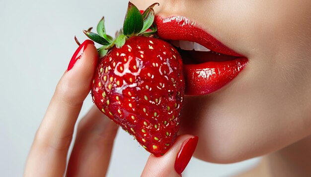 Photo womans lips and red nails biting into juicy strawberry ai generative