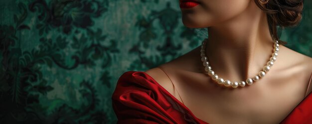 Foto area del collo e della spalla della donna che evidenzia una collana di perle accanto al suo elegante d ricamato rosso