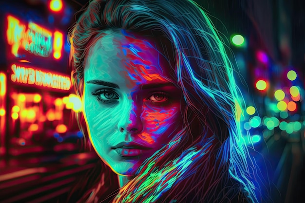 Womans portrait with vibrant neon lights in the backdrop Generative AI