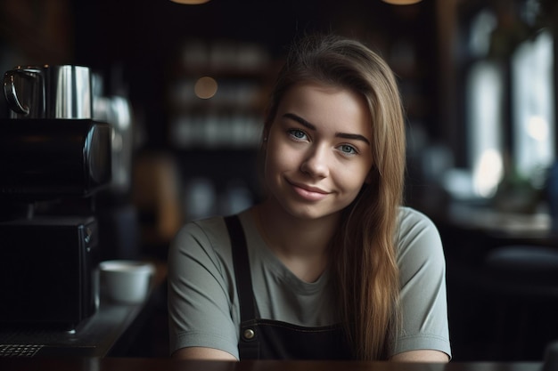 커피숍 생성 AI에서 녹색 눈을 가진 젊은 전문 바리스타의 여성 초상화