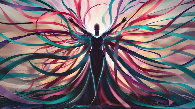 Womans silhouette with colourful ribbons concept art illustration of creativity and inspiration