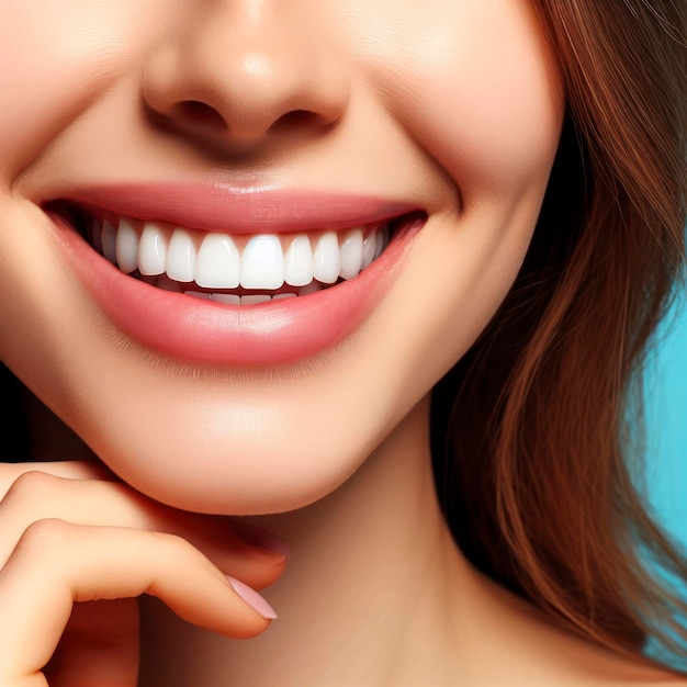 A womans teeth with a smile on her face closeup on solid blue bright background ai generative