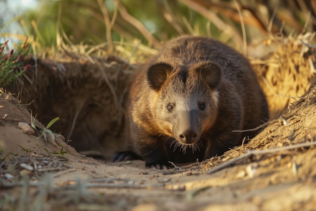 Wombat bij een hol in een Australische struik