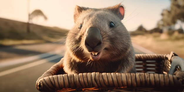 Wombat have fun bicycle ride on sunshine day in summer on town street