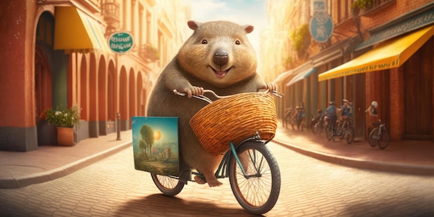 Wombat have fun bicycle ride on sunshine day in summer on town street