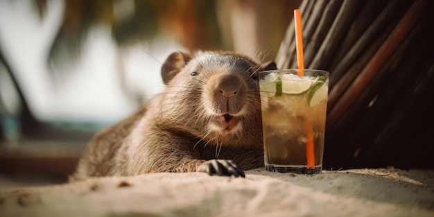 Wombat is op zomervakantie in een badplaats en ontspant op het zomerstrand