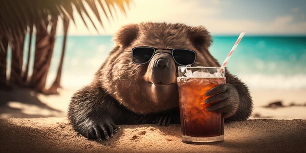 Wombat is on summer vacation at seaside resort and relaxing on summer beach