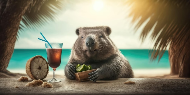 Wombat is on summer vacation at seaside resort and relaxing on summer beach