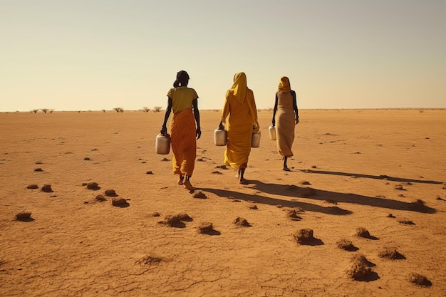 アフリカの女性は空のジェリカンを持って貴重な水滴を探して何マイルも歩いています