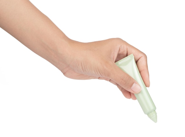 Women applying cream on the fingers isolated on a white background.