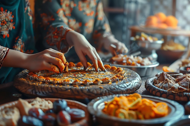 Photo women applying intricate henna designs during eid al fitr in neighbor holiday creative background