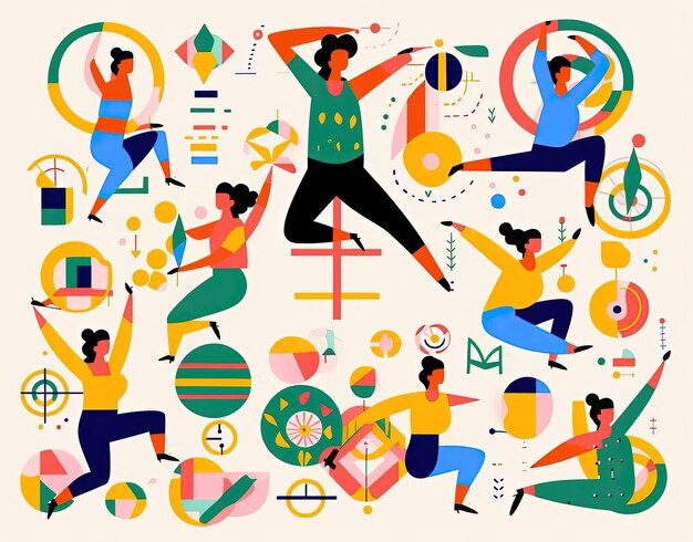 the women are doing different exercises while exercise in the style of bold graphic illustrations