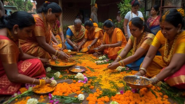 Women are gathered in a temple, one of which is decorated with flowers.