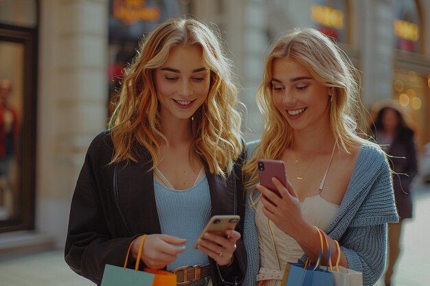 women are looking at their phones and smiling while one of them is looking at her phone