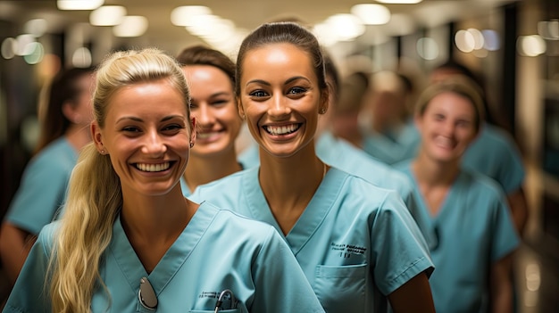 the women are smiling and wearing blue scrubs