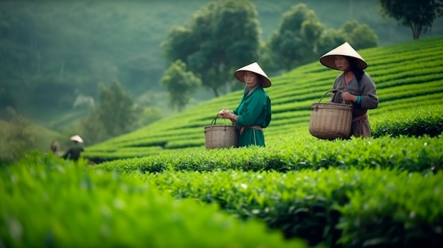 Women in asia pick tea on green plantation terraces landscape background Generative AI illustrator