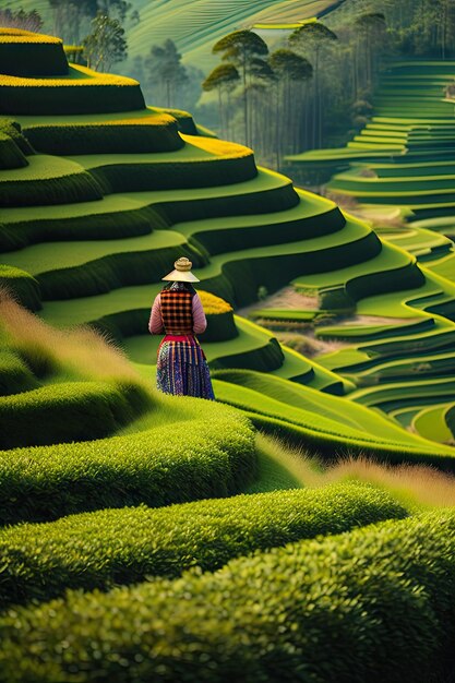 Women in asia pick tea on green plantation terraces