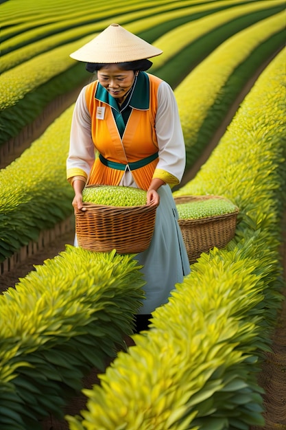 Women in asia pick tea on green plantation terraces