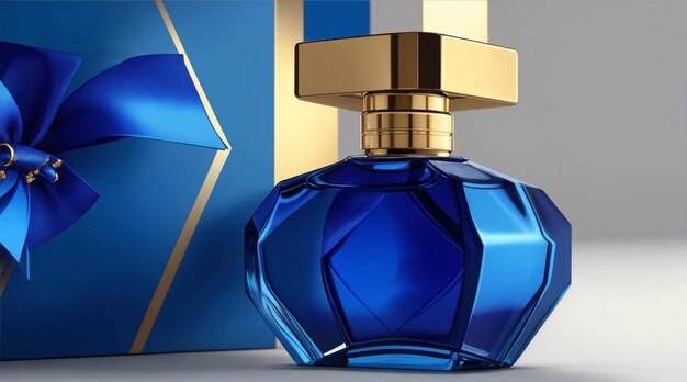 女性用青い香水ガラスのボトル 広告 プロモーションモックアップ 製品パッケージ レンダリング クローズアップ