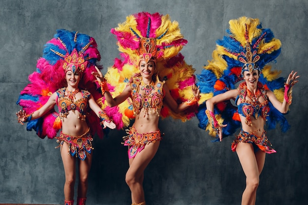 Donne in costume di carnevale samba brasiliana con piumaggio di piume colorate