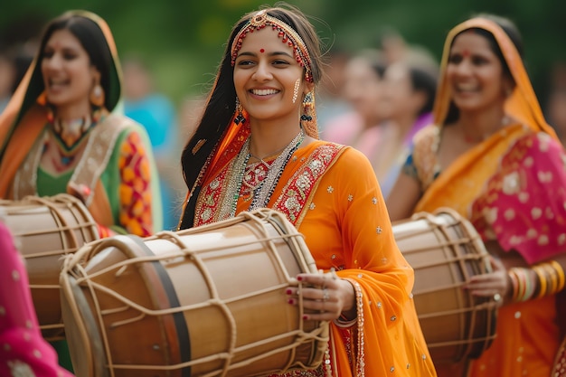 Photo women celebrating with traditional drum dholak music teej indian festival