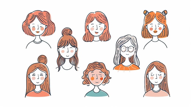 Women characters with varying expressions Handdrawn style modern illustrations