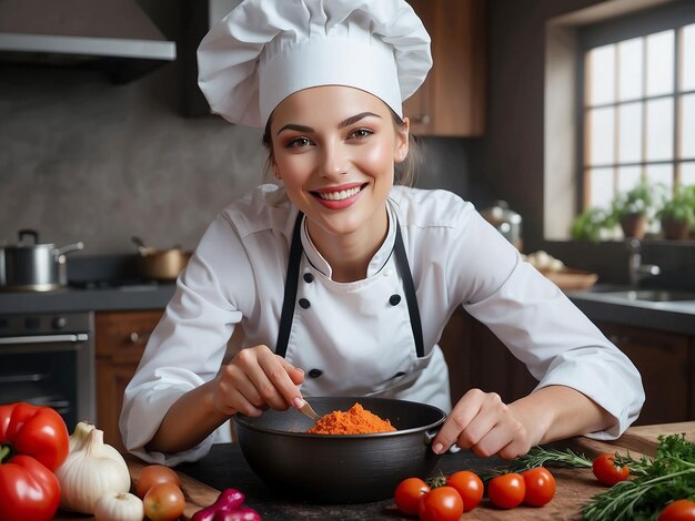 women chef making cooking