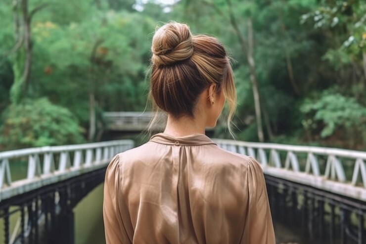 女性のシニヨン ヘアスタイルを後ろから見るプロの広告写真