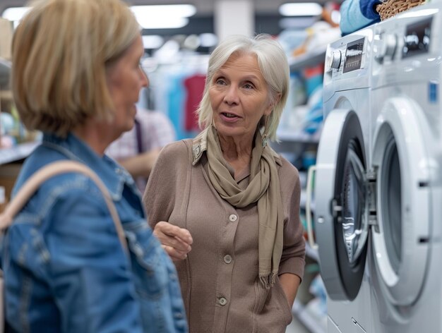 Women choosing automatic washing machines in a store