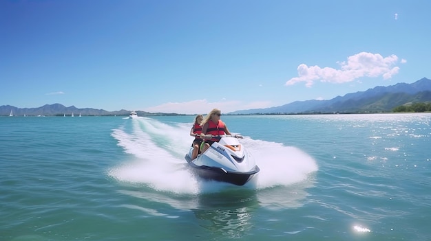 Women clad in stylish onepiece swimsuits ride jet skis with exhilaration With the wind tousling their hair and the water splashing beneath them Generated by AI