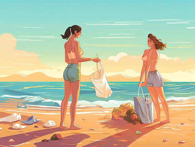 Women cleaning the beach happy environment day keeping healthy place