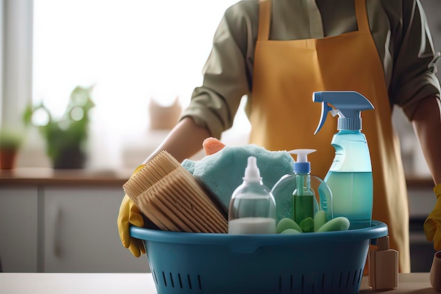 Photo women cleaning at home ai technology generated image